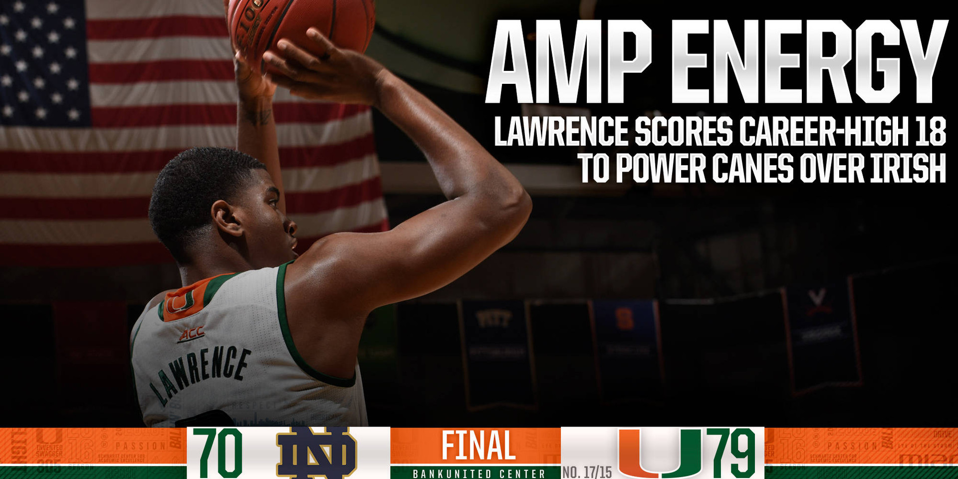 Amp Energy: Lawence Powers Canes to 79-70 Win