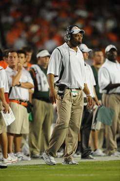 University of Miami Hurricanes linebacker coach Michael Barrow calls on the sidelines in a game against the Oklahoma Sooners at Land Shark Stadium on...