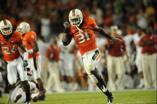 University of Miami Hurricanes linebacker Sean Spence #31 plays in a game against the Oklahoma Sooners at Land Shark Stadium on October 3, 2009. ...