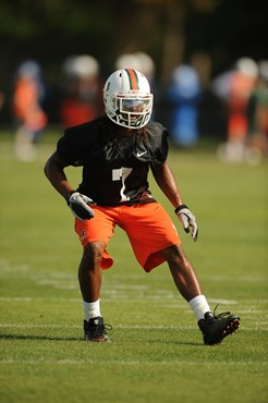 University of Miami defensive back, Vaughn Telemaque #7, in his first spring practice at Greentree Practice fields on March 5, 2011 on the University...