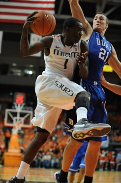 University of Miami Hurricanes guard, Durand Scott, #1, plays host to the Duke Blue Devils at the BankUnited Center on February 13, 2011.  Photo by...