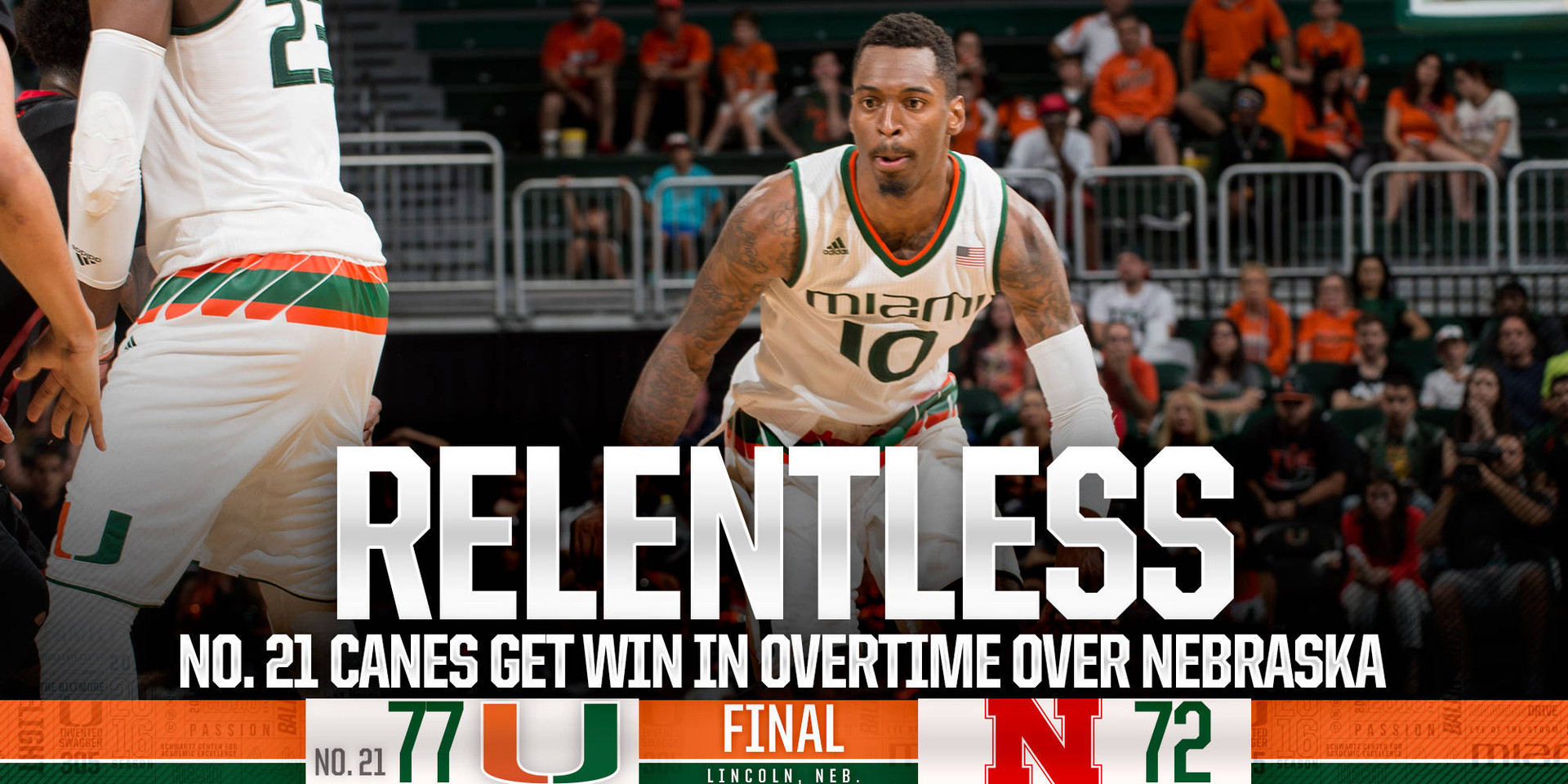 No. 21 Canes Get Win in Overtime Over Nebraska