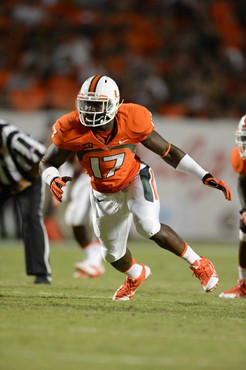 Linebacker Tyriq McCord #17 and the University of Miami Hurricanes defeated the Florida Atlantic Owls at Sun Life Stadium by a final score of 34-6 on...