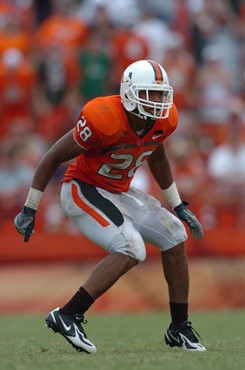 University of Miami safety Willie Cooper #28 plays in a game against the Georgia Tech Yellow Jackets at the Orange Bowl on October 13, 2007.  The...