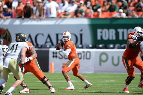 University of Miami Hurricanes quarterback Stephen Morris #17 plays in a game against the Wake Forest Demon Deacons at Sun Life Stadium on October 26,...