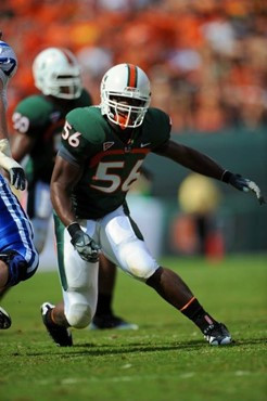 University of Miami Hurricanes linebacker Marcus Robinson #56 plays in a game against the Duke Blue Devils at Land Shark Stadium on November 21, 2009....