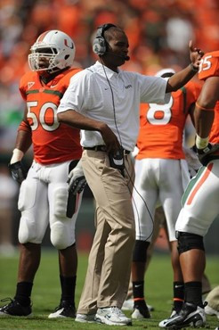 University of Miami Hurricanes head coach Randy Shannon calls in a play in a game against the Virginia Cavaliers at Land Shark Stadium on November 7,...