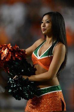 University of Miami Hurricane cheerleader?s show their team spirit in a game against the Florida Atlantic University Owls at Sun Life Stadium on...