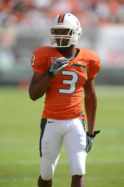 University of Miami Hurricanes defensive back Tracy Howard #3 plays in a game against the North Carolina Tar Heels at Sun Life Stadium on October 13,...
