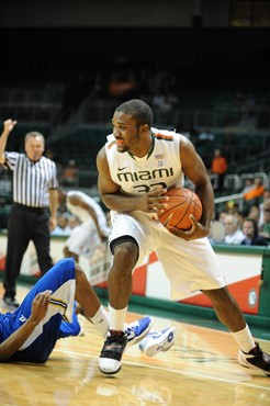 University of Miami Hurricanes forward Erik Swoope #32 plays in a game against the Mcneese State Cowboys at the BankUnited Center on November 24,...