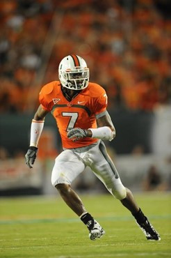 University of Miami Hurricanes defensive back Vaughn Telemaque #7 plays in a game against the Oklahoma Sooners at Land Shark Stadium on October 3,...