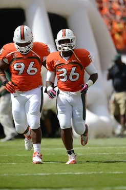 University of Miami Hurricanes linebacker Gionni Paul #36 plays in a game against the North Carolina Tar Heels at Sun Life Stadium on October 13,...