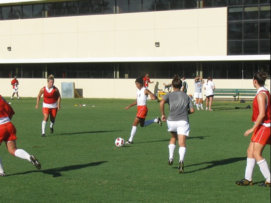 Women's soccer players and coaches at Friday's (Aug. 6, 2010) 8 a.m. training session.