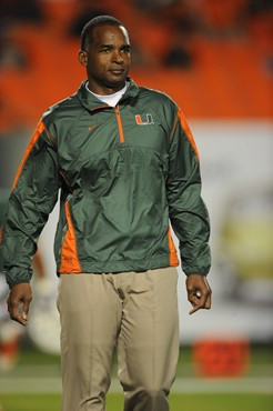 University of Miami Hurricanes head coach Randy Shannon on the sidelines in a game against the North Carolina Tar Heels at Sun Life Stadium on October...