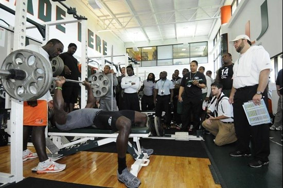 Ryan Hill on the bench press at 2011 Miami Hurricanes Football Pro Day #1