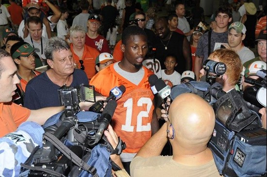 Jacory Harris speaks with the media at BankUnited CanesFest