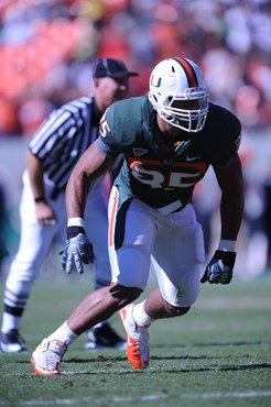 University of Miami Hurricanes defensive lineman Olivier Vemon #35 plays in a game against the Maryland Terrapins at Sun Life Stadium on November 6,...