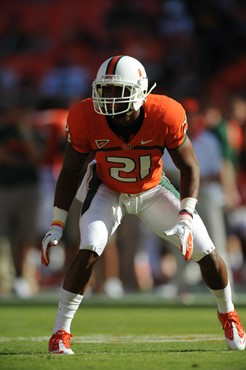 University of Miami Hurricanes defensive back Brandon McGee #21 plays in a game against the Georgia Tech Yellow Jackets at Sun Life Stadium on October...