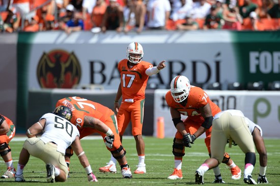 University of Miami Hurricanes quarterback Stephen Morris #17 plays in a game against the Wake Forest Demon Deacons at Sun Life Stadium on October 26,...