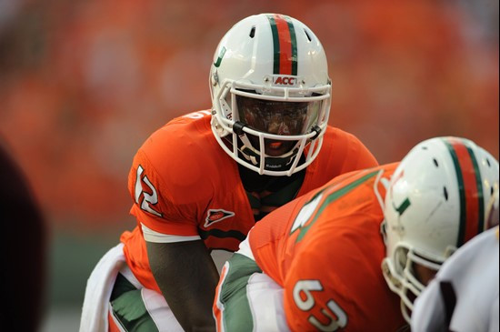 University of Miami Hurricanes quarterback Jacory Harris #12 plays in a game against the Bethune Cookman Wildcats at Sun Life Stadium on October 1,...