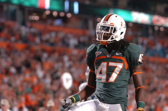 University of Miami Hurricanes wide receiver Laron Byrd #47 plays in a game against the North Carolina Tar Heels at Sun Life Stadium on October 23,...