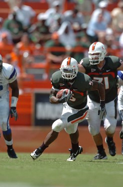 University of Miami running back Javarris James #5 rushed 16 times for 64 yards and caught 3 passes for 28 yards in a game against the Duke University...