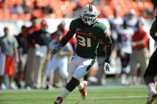 University of Miami Hurricanes linebacker Sean Spence #31 plays in a game against the Maryland Terrapins at Sun Life Stadium on November 6, 2010. ...