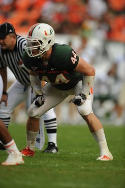 University of Miami Hurricanes linebacker Colin McCarthy #44 plays in a game against the University of South Florida Bulls at Sun Life Stadium on...