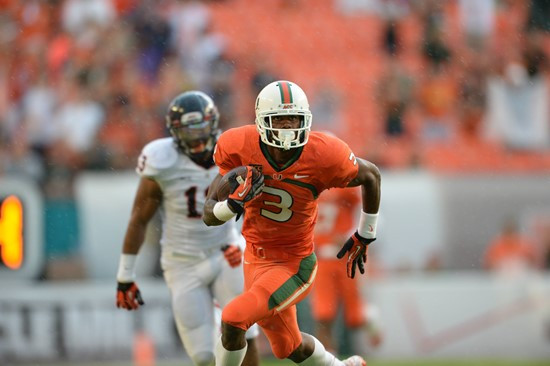 University of Miami Hurricanes wide receiver Stacy Coley #3 plays in a game against the Virginia Cavaliers at Sun Life Stadium on November 23, 2013. ...