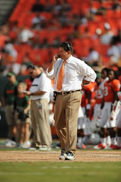 University of Miami Hurricanes head coach Al Golden on the sidelines in a game against the Bethune Cookman Wildcats at Sun Life Stadium on October 1,...