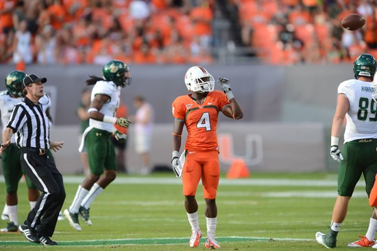 University of Miami Hurricanes wide receiver Phillip Dorsett #4 catches the winning touchdown that defeated the University of South Florida Bulls at...