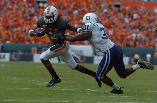 University of Miami Hurricanes running back Graig Cooper #2 carries the ball in a game against the Duke Blue Devils at Land Shark Stadium on November...