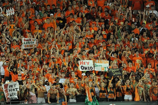 University of Miami Hurricane fans show their team spirit in a game against the Ohio State Buckeyes at Sun Life Stadium on September 17, 2011.  Photo...
