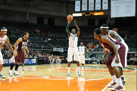 University of Miami Hurricanes guard, Durand Scott, #1, plays in a game against the North Carolina Central Eagles at the BankUnited Center on November...