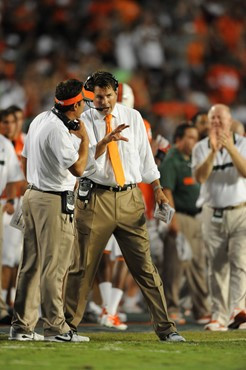 University of Miami Hurricanes head coach Al Golden calls in a play in a game against the Ohio State Buckeyes at Sun Life Stadium on September 17,...