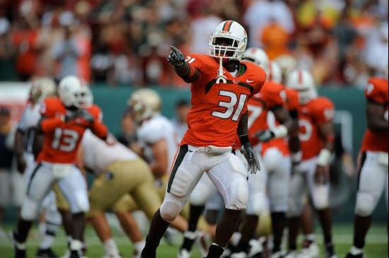 University of Miami Hurricanes linebacker Sean Spence #31 plays in a game against The Florida State Seminoles at Dolphin Stadium on October 4, 2008.  ...
