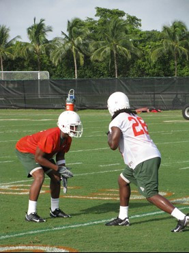 Brandon Harris (l) and Thearon Collier (r) at practice Sunday on the Greentree Practice Fields.