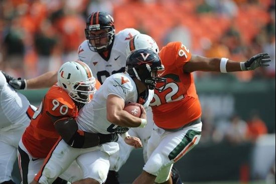 University of Miami Hurricanes defensive lineman Steven Wesley #90 plays in a game against the Virginia Cavaliers at Land Shark Stadium on November 7,...