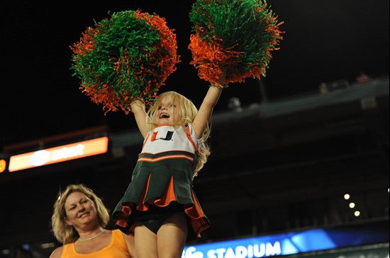 A University of Miami Hurricanes fan shows her team spirit in a game against the Ohio State Buckeyes at Sun Life Stadium on September 17, 2011.  Photo...