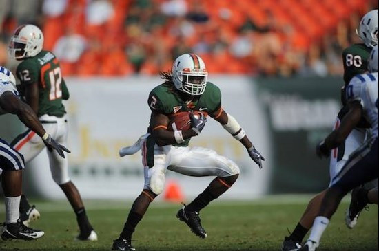 University of Miami Hurricanes running back Damien Berry #20 carries the ball against the Duke Blue Devils at Land Shark Stadium on November 21, 2009....