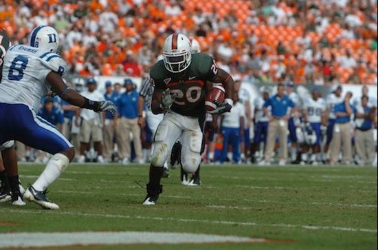 University of Miami Hurricanes running back Damien Berry #20 carries the ball against the Duke Blue Devils at Land Shark Stadium on November 21, 2009....