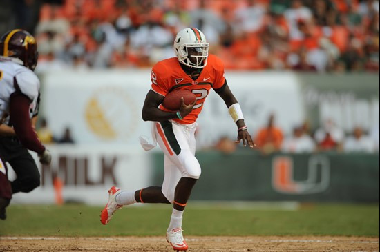 University of Miami Hurricanes wide receiver Travis Benjamin #3 plays in a game against the Bethune Cookman Wildcats at Sun Life Stadium on October 1,...