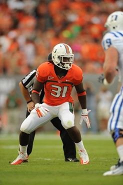 University of Miami Hurricanes linebacker Sean Spence #31 plays in a game against the Duke Blue Devils at Sun Life Stadium on November 5, 2011.  Photo...