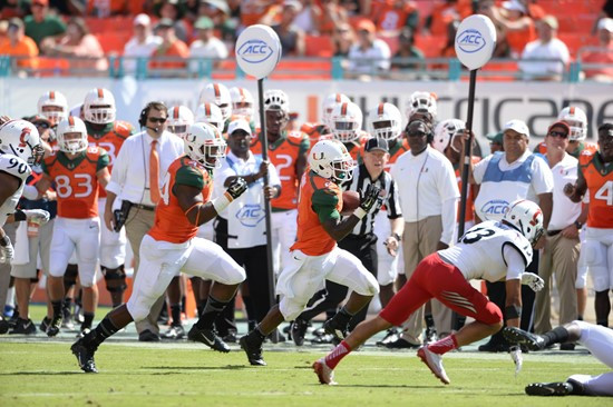 University of Miami Hurricanes running back Joseph Yearby #2 plays in a game against the Cincinnati Bearcats at Sun Life Stadium on October 11, 2014....