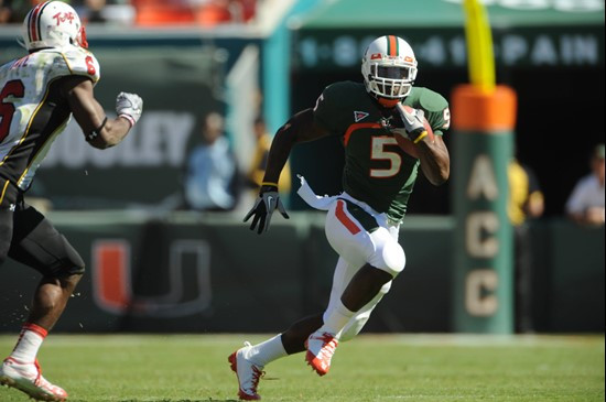 University of Miami Hurricanes running back Mike James #5 carries the ball against the Maryland Terrapins at Sun Life Stadium on November 6, 2010. ...