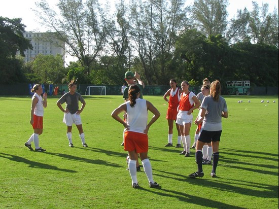 Women's soccer players and coaches at Friday's (Aug. 6, 2010) 8 a.m. training session.