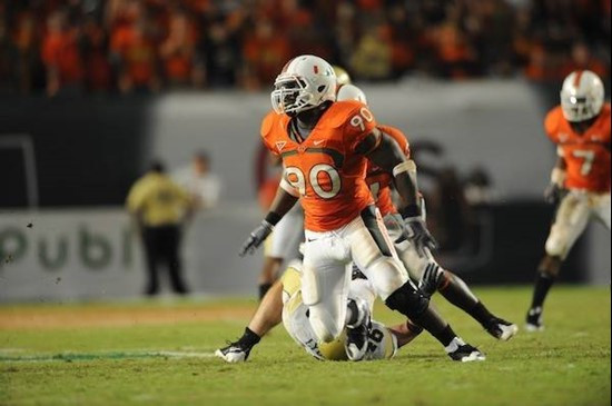 University of Miami Hurricanes defensive lineman Steven Wesley #90 plays in a game against the Georgia Tech Yellow Jackets at Land Shark Stadium on...