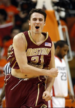 Boston College's Tyler Roche celebrates after a 79-75 win against  Miami  during an NCAA college basketball game in Coral Gables, Fla., Tuesday, Jan....