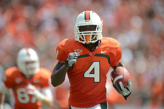 University of Miami Hurricanes wide receiver Phillip Dorsett #4 plays in a game against the North Carolina State Wolfpack at Sun Life Stadium on...