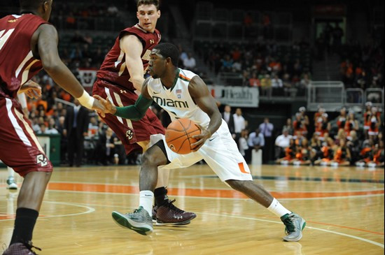 University of Miami Hurricanes guard, Malcolm Grant #3 and the Canes play host to the Boston College Eagles at the BankUnited Center on January 15,...